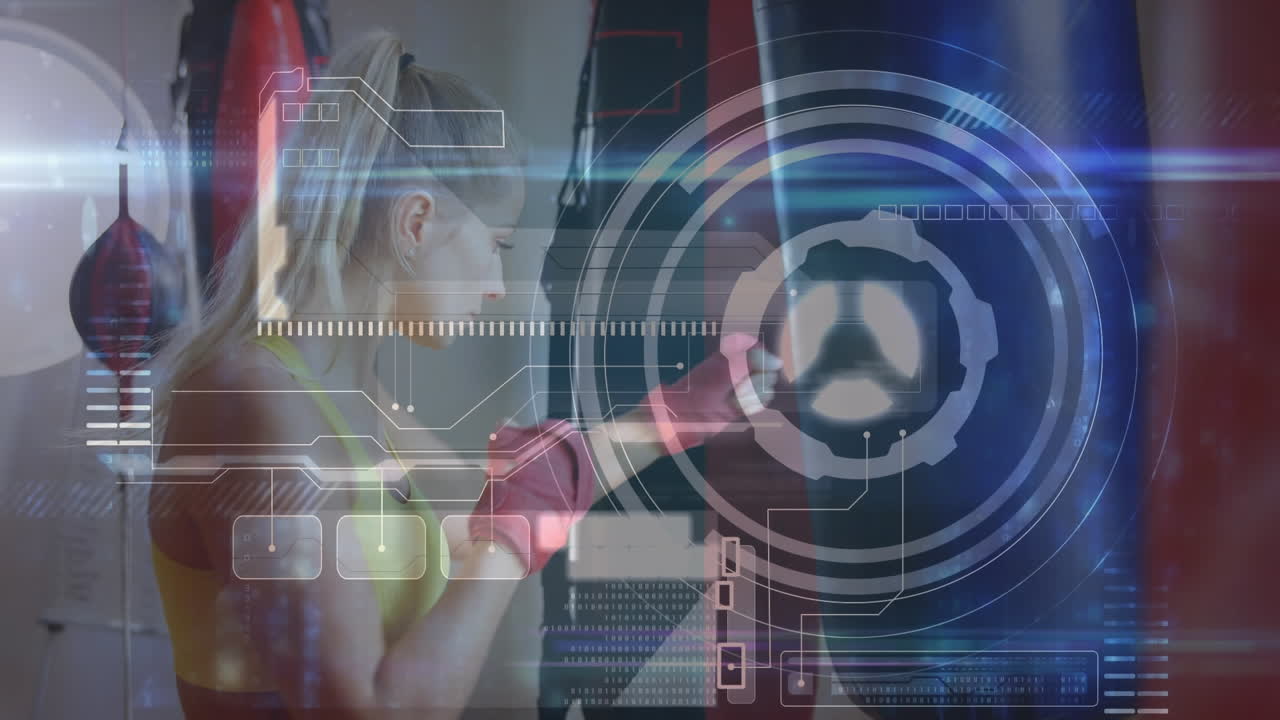 procesamiento de datos contra una boxeadora caucásica practicando sus golpes en el saco de boxeo