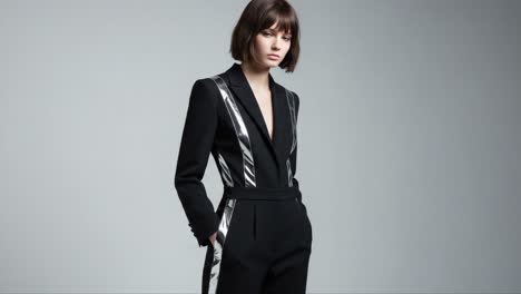stylish model showcasing a modern black suit with silver accents in a minimalist studio setting, emphasizing fashion trends and elegance