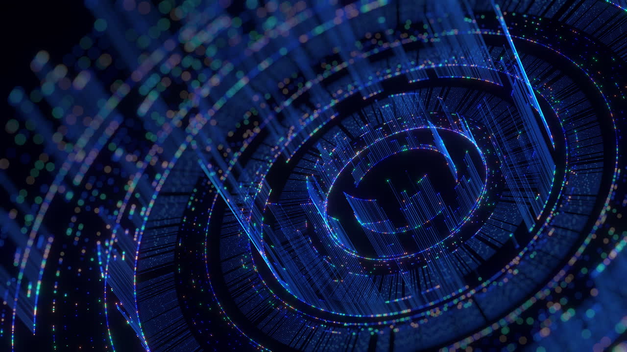 Questo sfondo digitale astratto mostra linee blu interconnesse, punti colorati luminosi e intricati cerchi concentrici, che illustrano concetti di reti globali, intelligenza artificiale e big data.