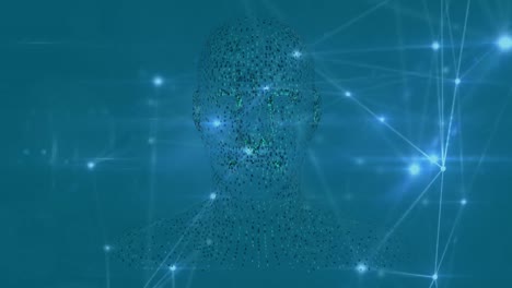 Animation-of-digital-human-head-over-plexus-network-of-connections-on-blue-background
