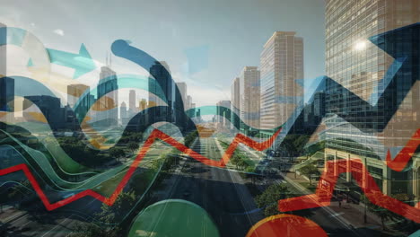 urban landscape with overlayed business and economic trend charts