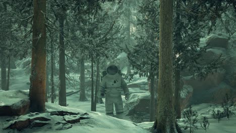 Astronauta-Explorando-El-Bosque-En-La-Nieve