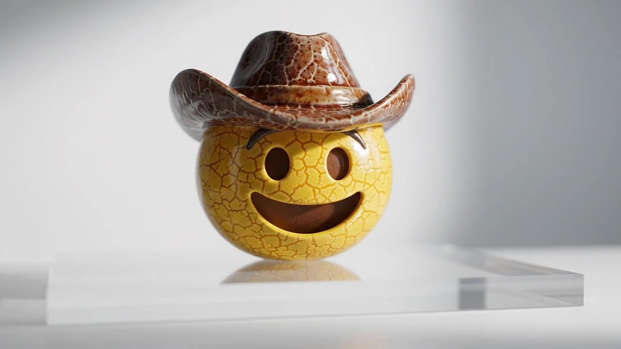 Una Faccina Sorridente Crepata e Allegra che Indossa un Cappello da Cowboy Marrone, in Piedi su una Superficie di Vetro, Catturando un'Atmosfera Giocosa e Stravagante in un Ambiente Splendidamente Illuminato.