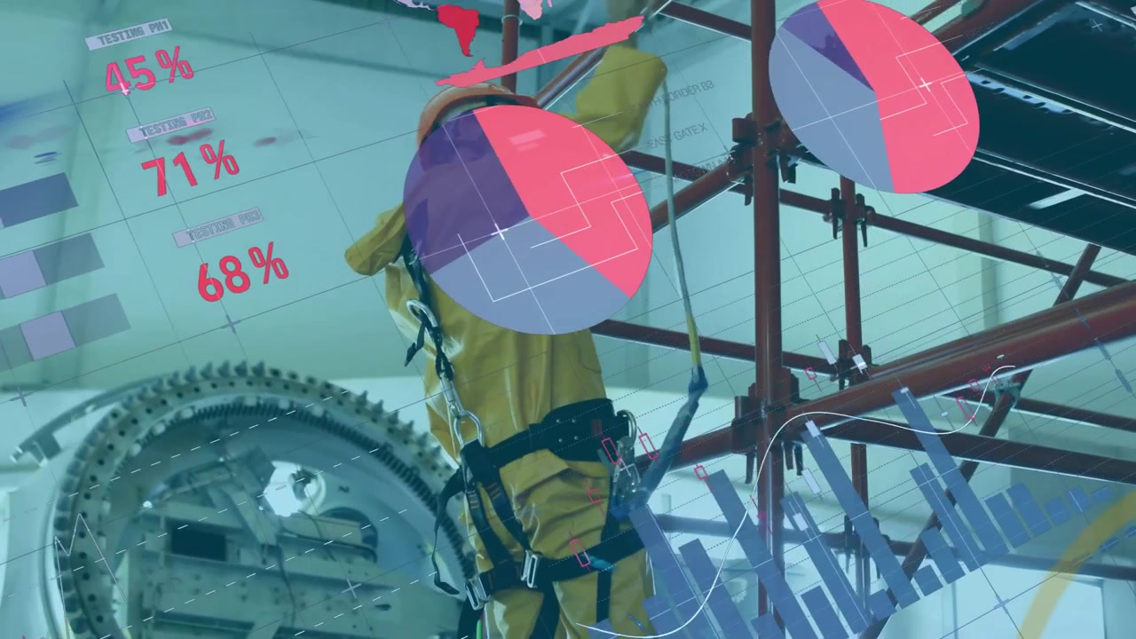 Male technician inspecting turbine on scaffold at factory, with pie charts showing percentages