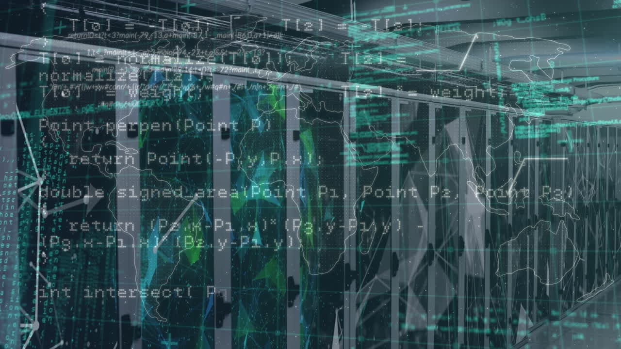 Animation of world map and data processing over server room