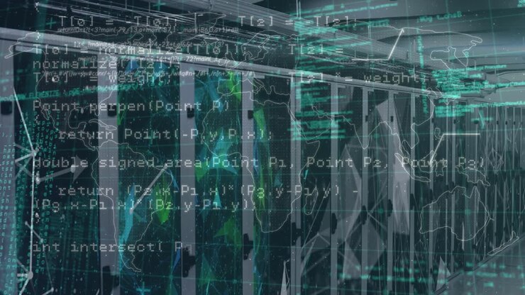 Animation of world map and data processing over server room