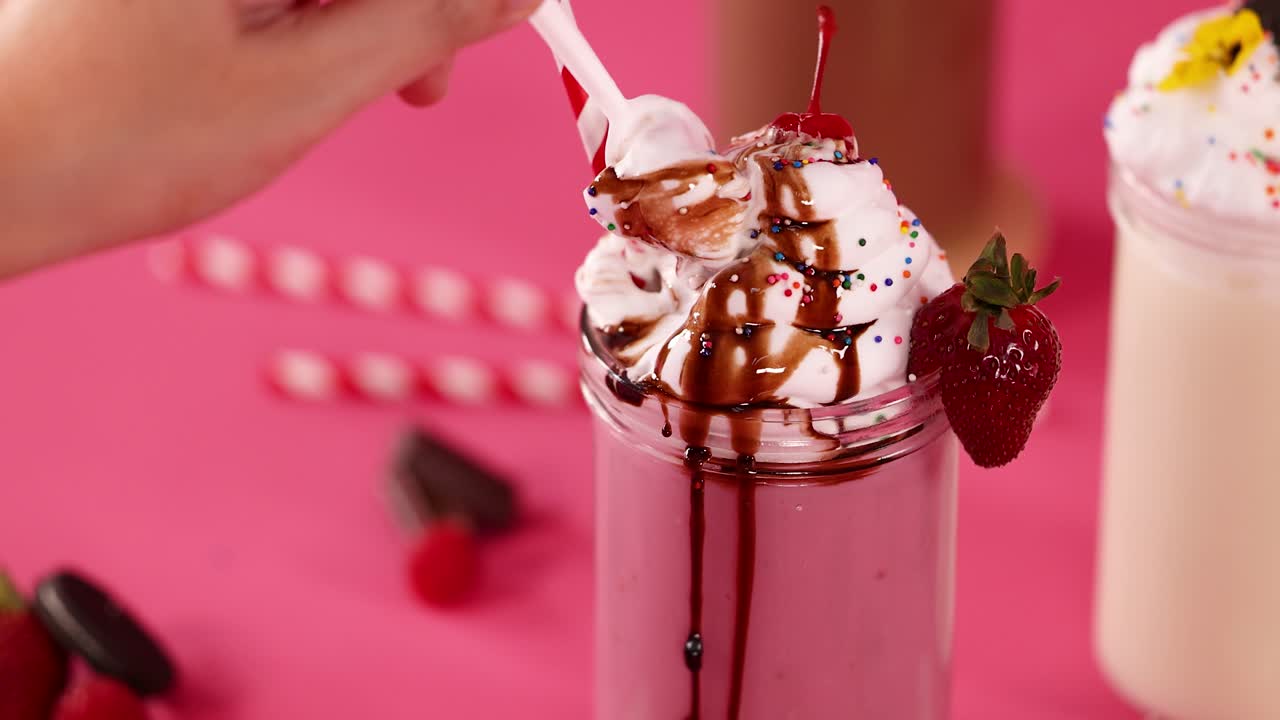 Hand scoops whipped cream from strawberry milkshake with chocolate syrup, sprinkles, bright pink background
