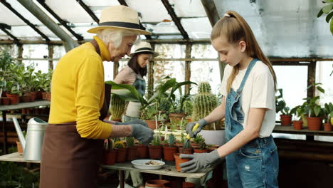 grandmother and granddaughter gardening in a greenhouse