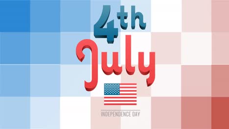 animation of american flag and 4th of july day on red, white and blue pixels