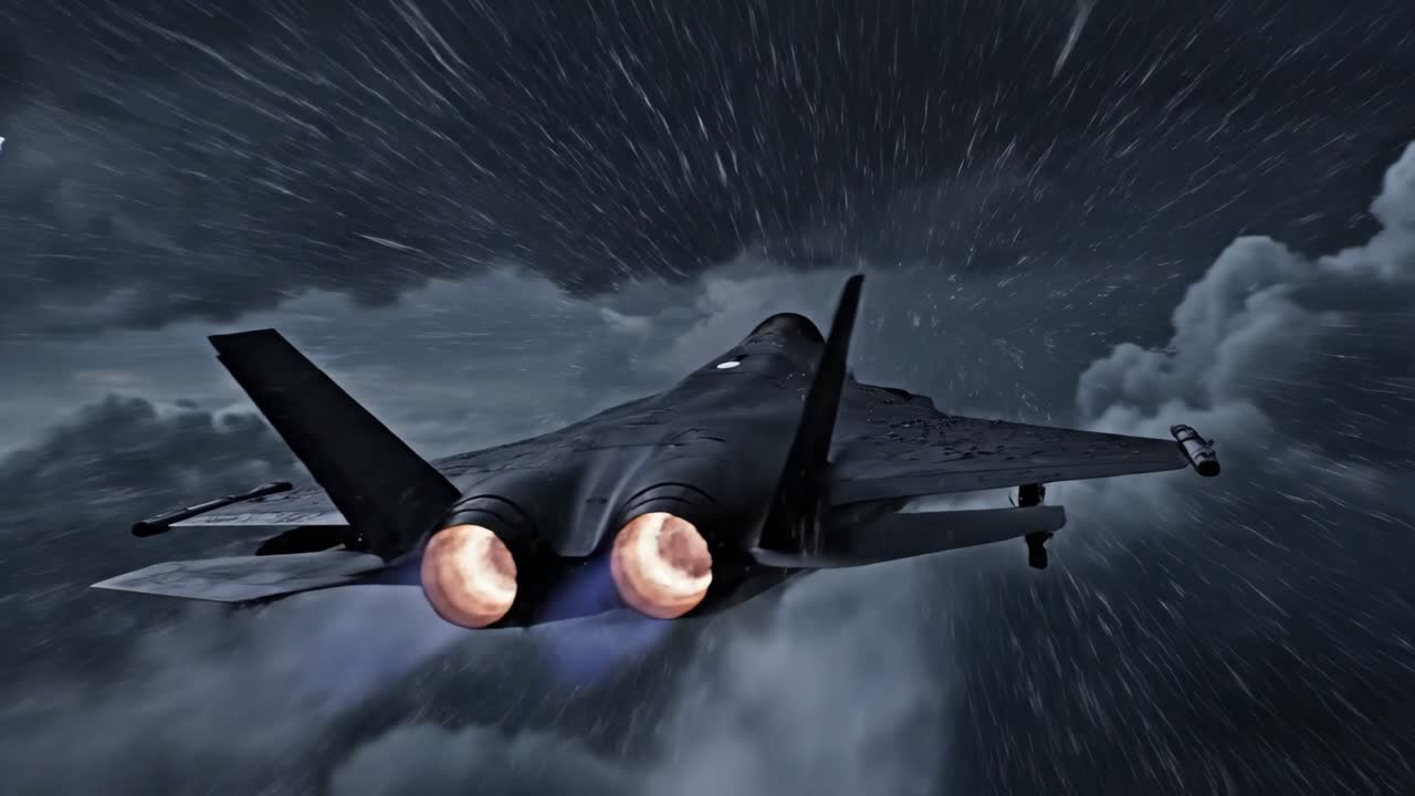 fighter jet flying in storm with lightning and rain