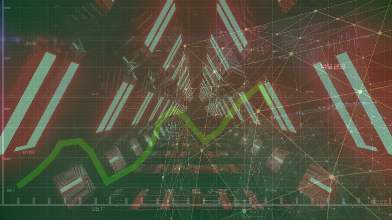 어두운 배경에 반이는 모양 위에 금융 데이터 처리의 애니메이션