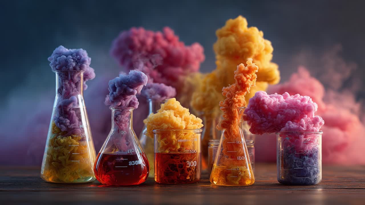 Colorful Chemical Reactions: A Stunning Display of Vapor Clouds Emanating from Laboratory Glassware in an Experimental Setting for Scientific Exploration