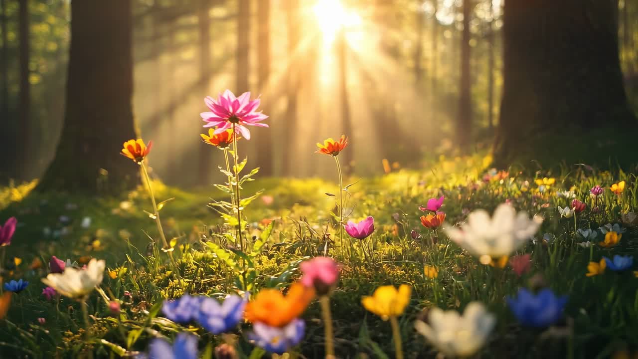 Colorful Wildflowers in a Serene Forest with Sunbeams