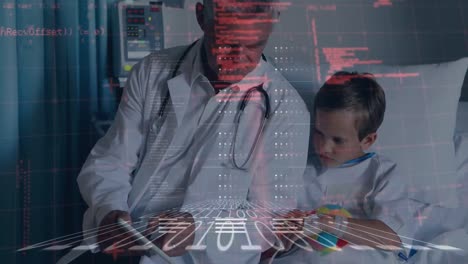 Animation-Der-Datenverarbeitung-über-Einem-Kaukasischen-Männlichen-Arzt-Mit-Einem-Patienten,-Der-Ein-Tablet-Verwendet