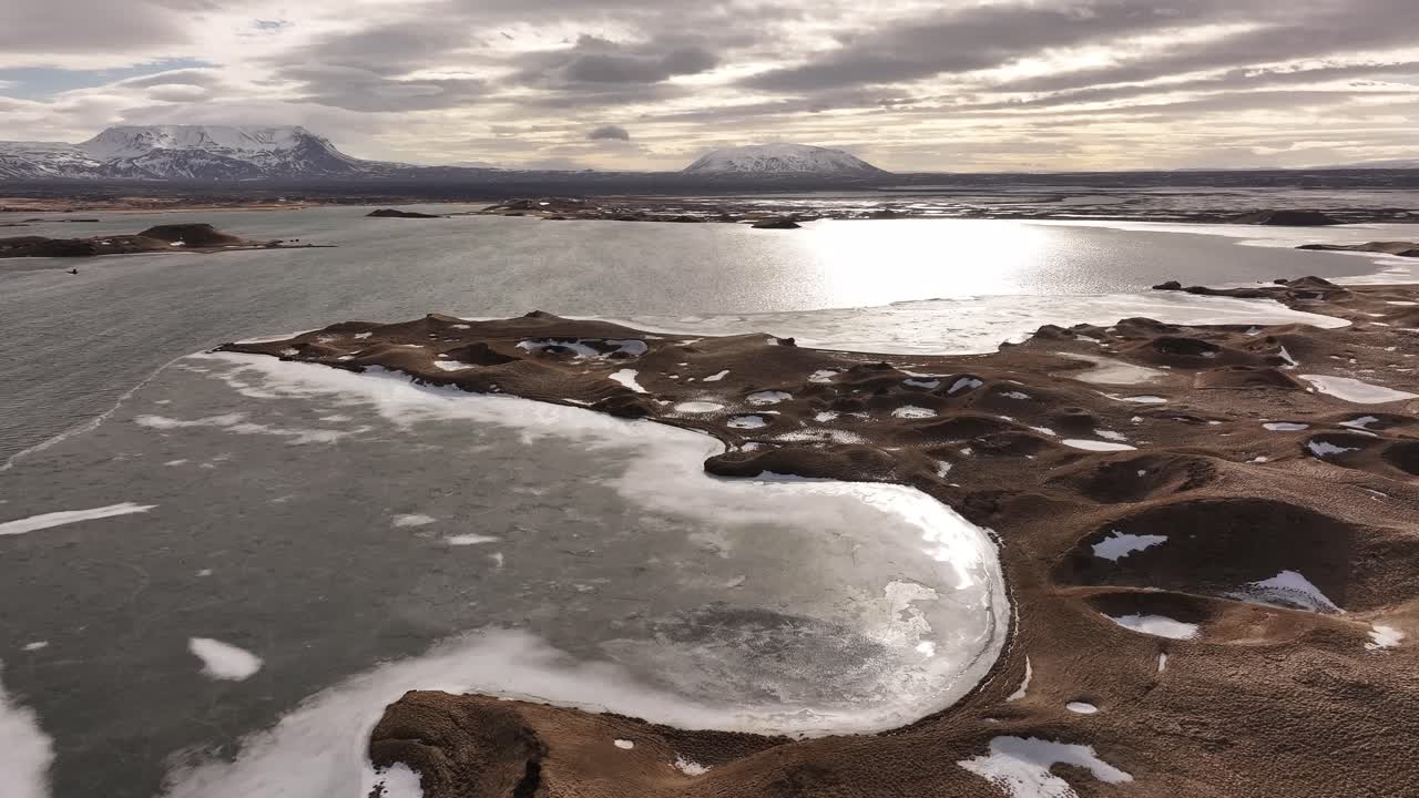 Aerial view of the partially frozen Lake Mývatn, Iceland, with volcanic formations and distant snowy mountains under a cloudy sky.