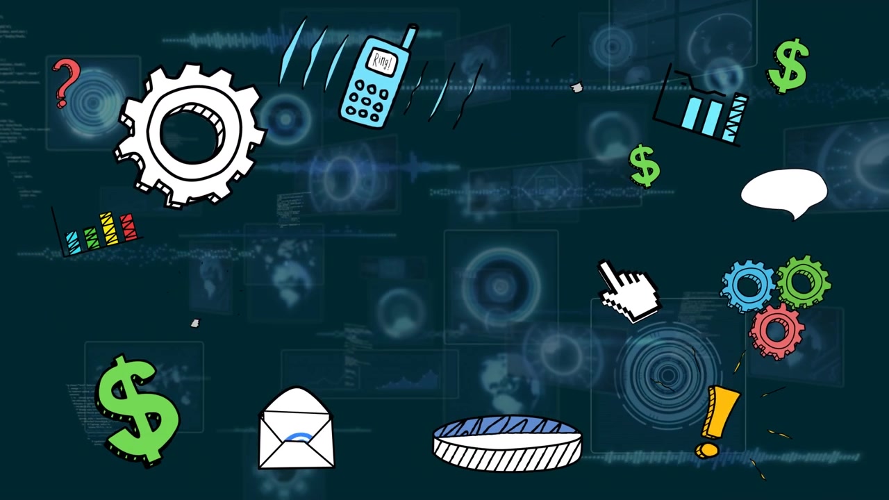 Animation of business icons over data processing
