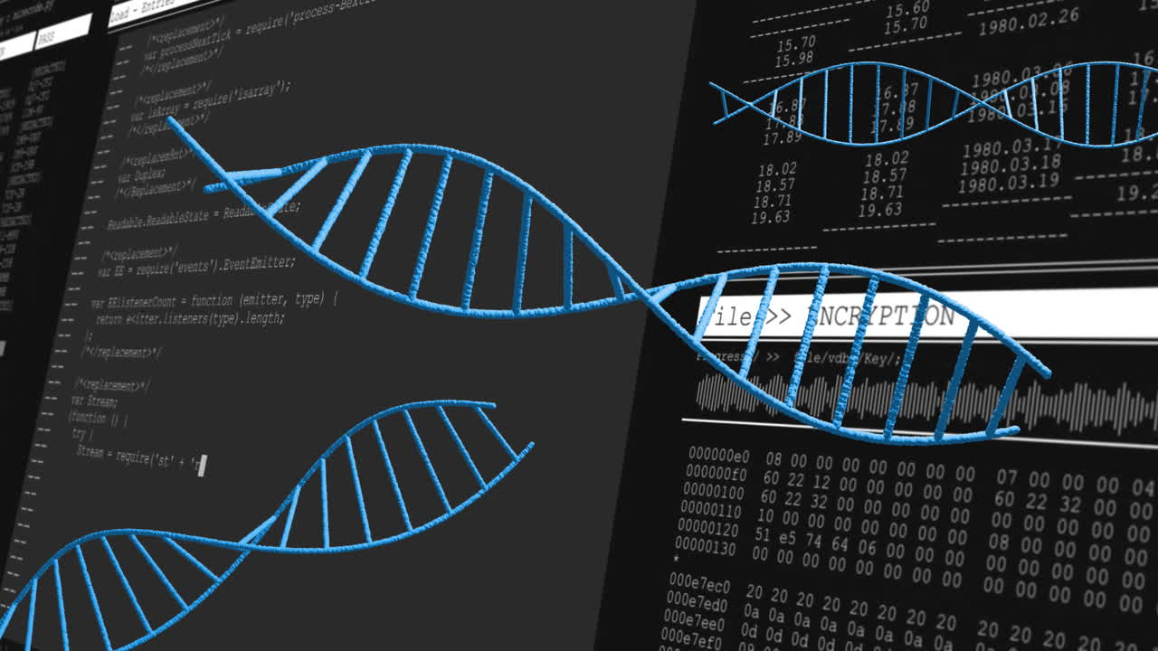 DNA strands and encryption code animation over digital data processing background