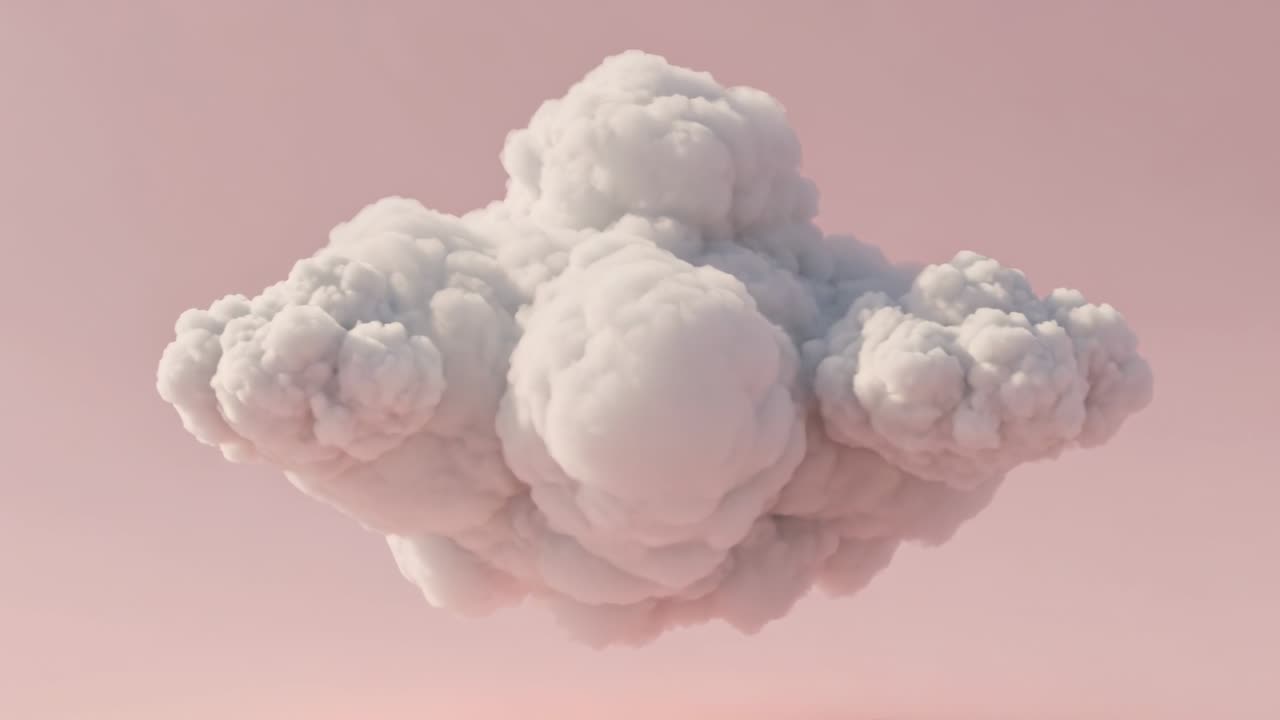Moving fluffy white cloud appearing as view narrowing in pastel pink studio, with two lateral puffs