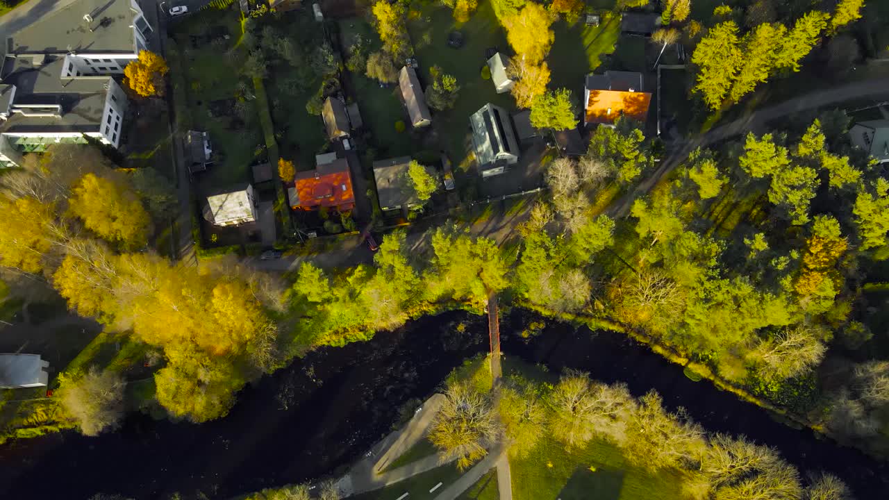 Top down aerial drone footage view of a sunny autumn river flowing in the middle of grassy green river banks in a urban area with houses and gardens. Yellow leaves on trees, golden sunshine, shadows