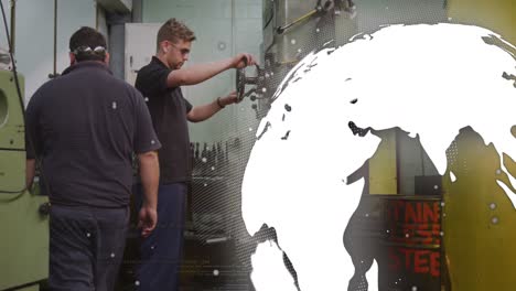 animation of globe rotating over diverse man walking towards coworker using machinery in garage