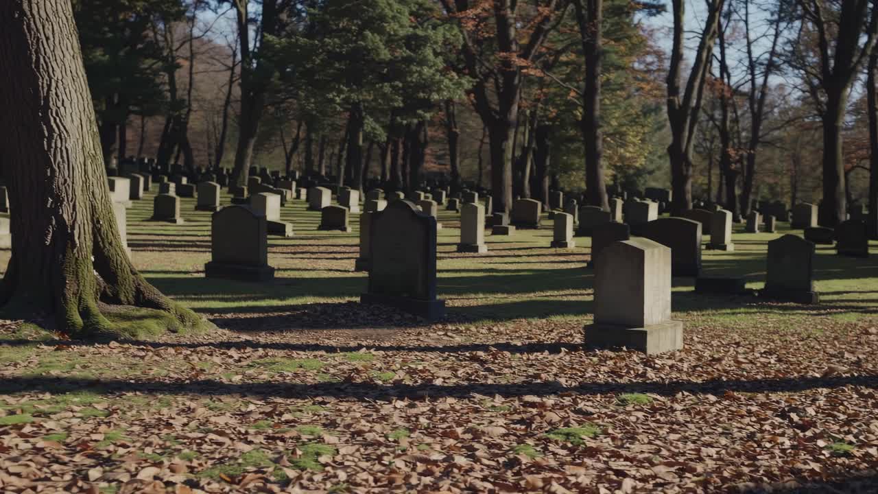 A serene cemetery scene with gravestones under tall trees, captured at a low angle