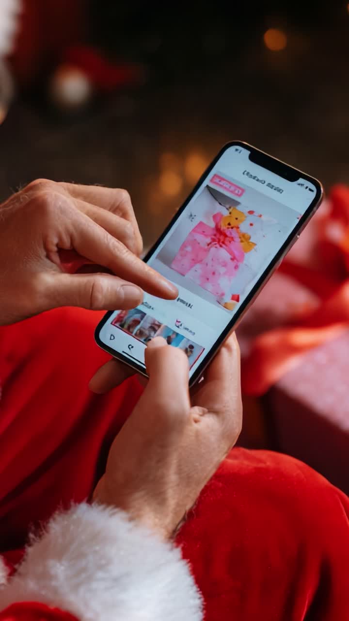 Engaging in a Festive Digital Experience: A Close-Up of a Person's Hands Utilizing a Smartphone to Browse Gift Options Surrounded by Holiday Decorations and Wrapped Presents