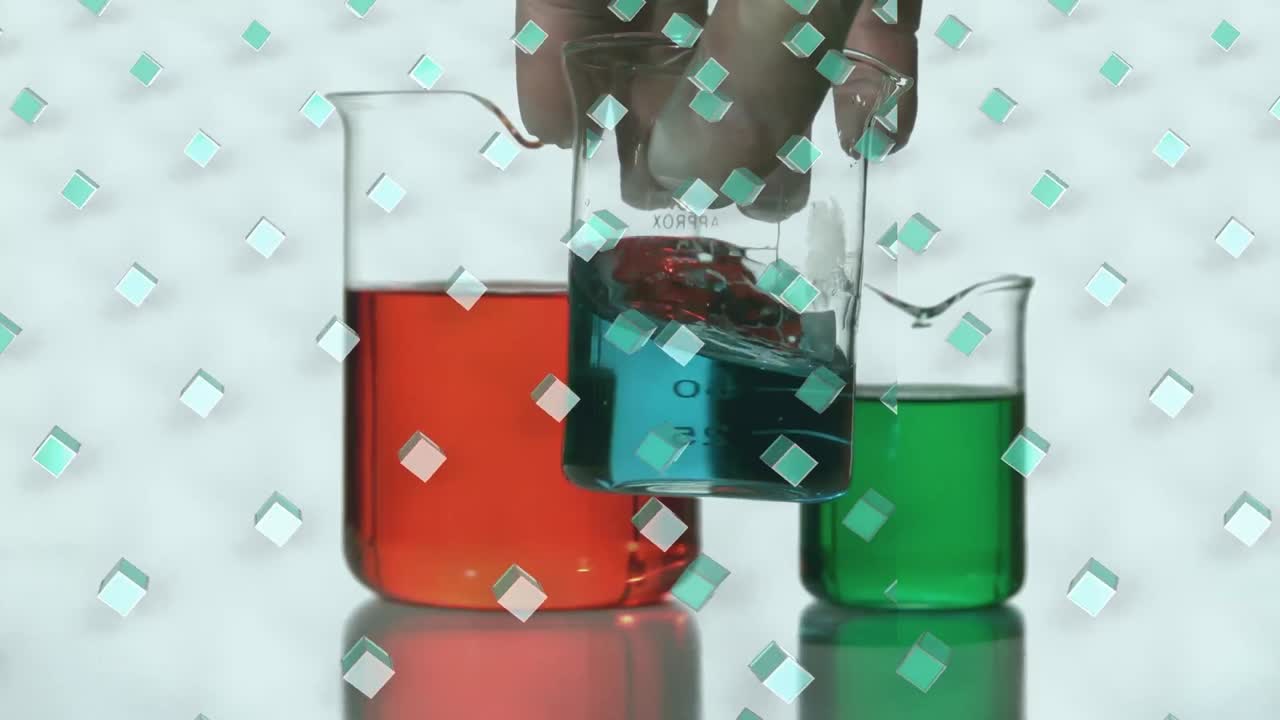 Animation of rows of green cubes over scientist holding laboratory beaker with blue liquid