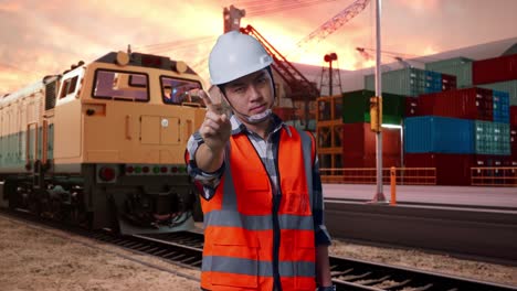 worker giving stop signal at port with train background