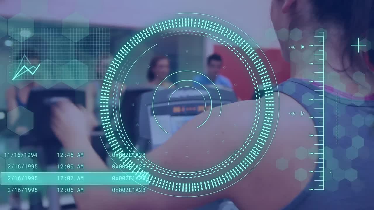 체육관에서 백인 사람들을 대상으로 한 스 ⁇  스캐닝과 데이터 처리 애니메이션