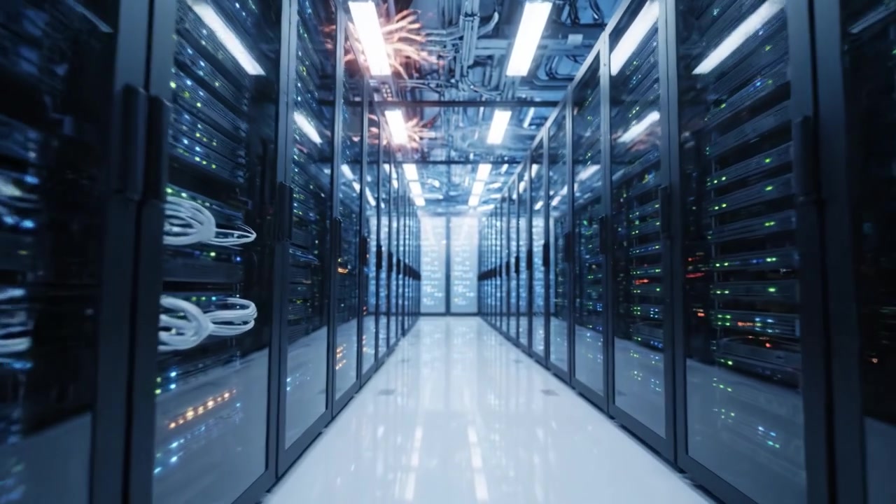 A Glimpse Inside a High-Tech Data Center: Exploring the Rows of Powerful Servers Illuminated by LED Lights in a Controlled Environment