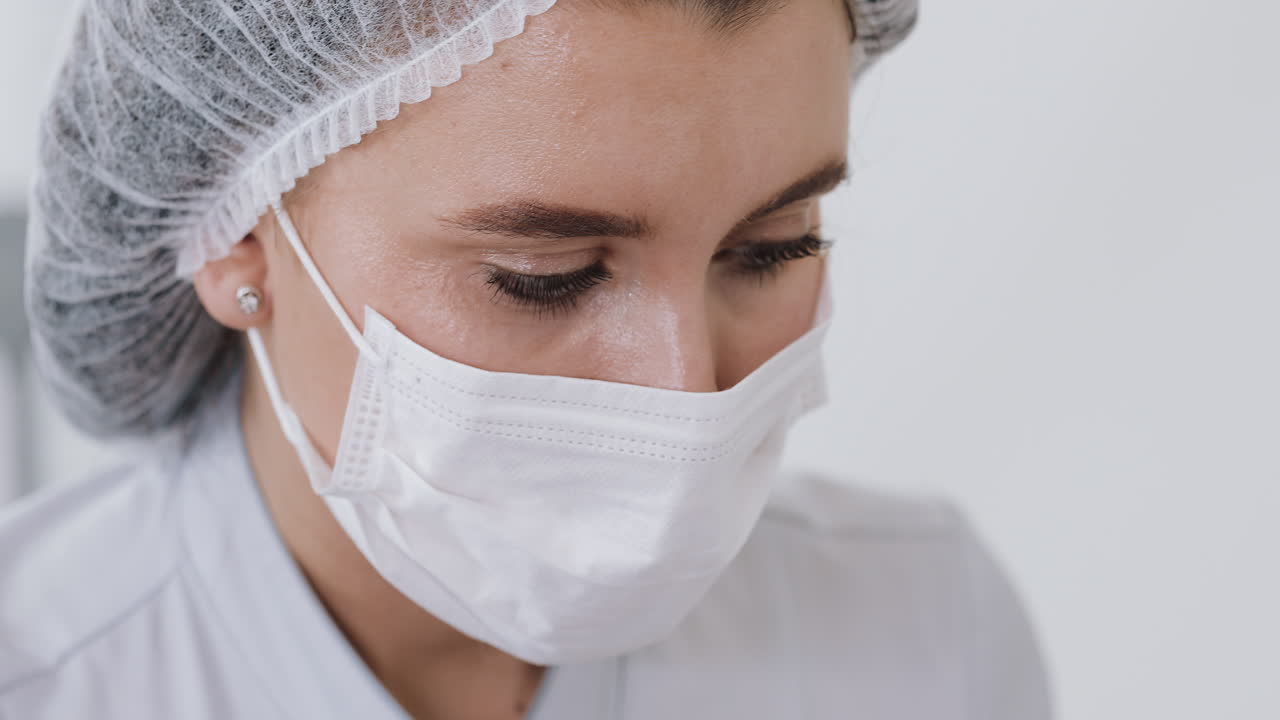 Close-up of a woman wearing a surgical mask and cap