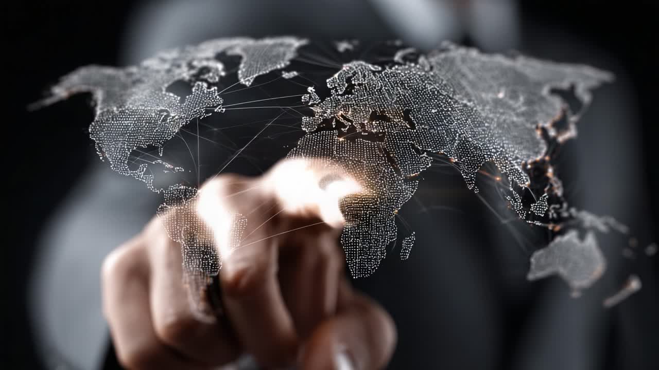A Business Professional Interacting with a Digital World Map, Symbolizing Global Connectivity and Technological Innovation in Modern Communication