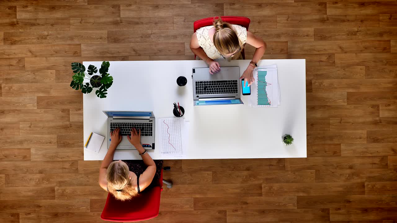 Top-down skud, to arbejdende blondiner på et trækontor, der præcist gennemgår papirgrapfer med deres skærme, en telefon med blå skærm ligger ved siden af den bærbare computer