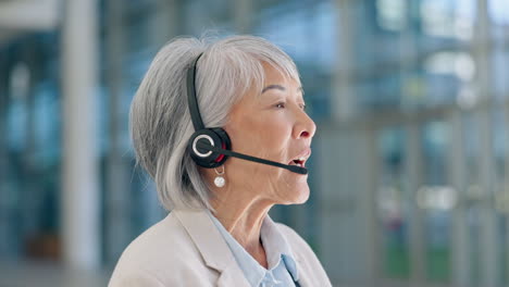 senior woman, talk and listen in call center