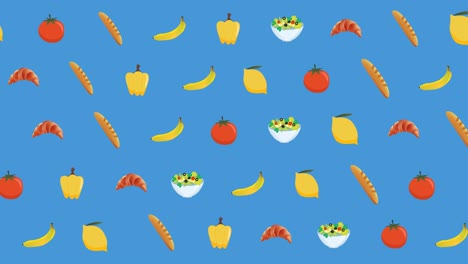 animación de diversos alimentos flotando en el fondo azul