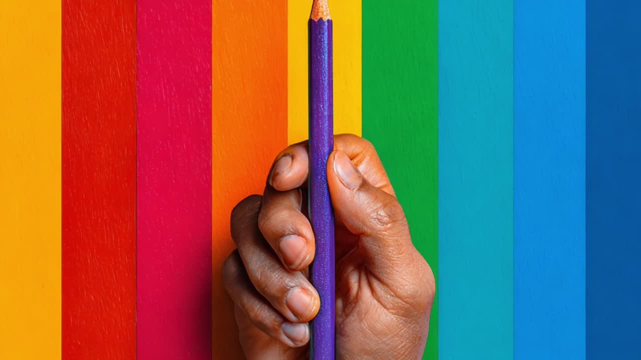 A Close-Up of a Hand Holding a Purple Colored Pencil Against a Vibrant Rainbow Background with Stripes of Various Colors, Highlighting Creativity and Artistry
