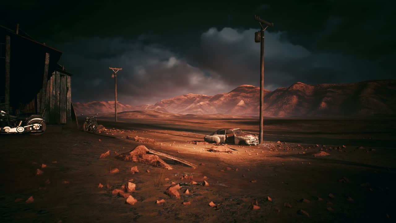 Palo solitario in una landa desolata sotto minacciose nuvole temporalesche