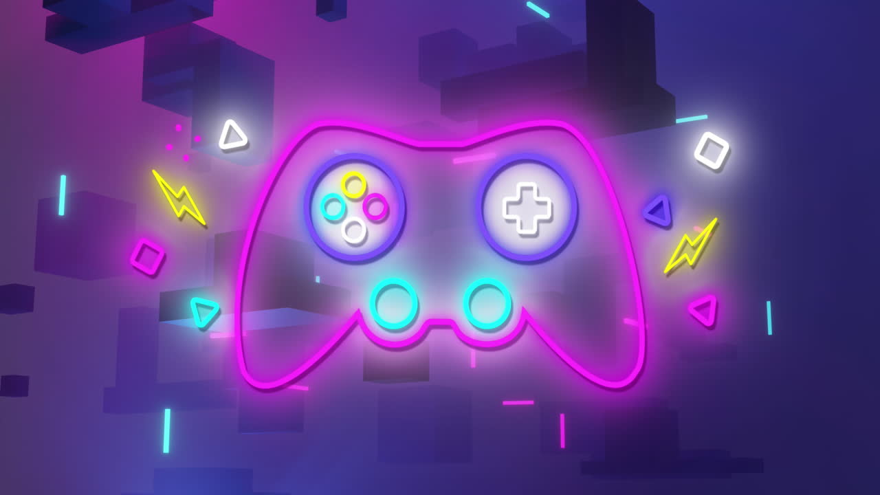 보라색 배경 위에 있는 비디오 게임 패드 아이콘의 애니메이션