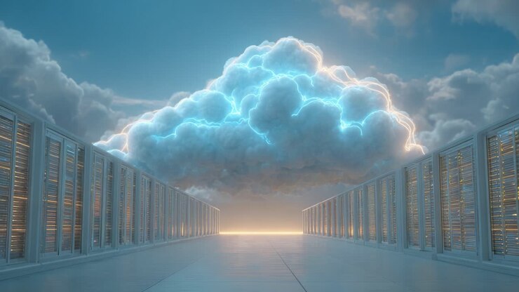A Dramatic Transformation of the Cloud, Showcasing the Shift from Electric Blue to Golden Glow Above a Pathway of Data Servers