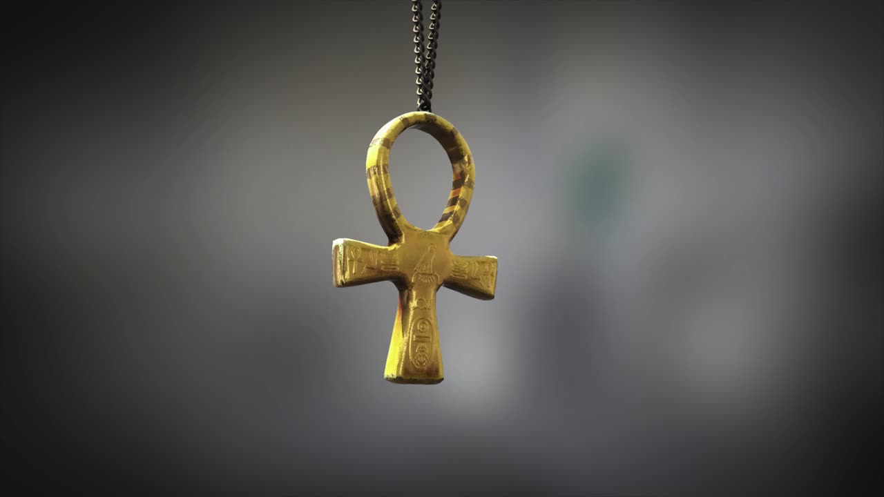 renderizado de alta calidad de un hermoso artefacto ankh egipcio de oro antiguo que se balancea lentamente en el extremo de una cadena de cuello, con una profundidad de campo súper superficial y un fondo bokeh