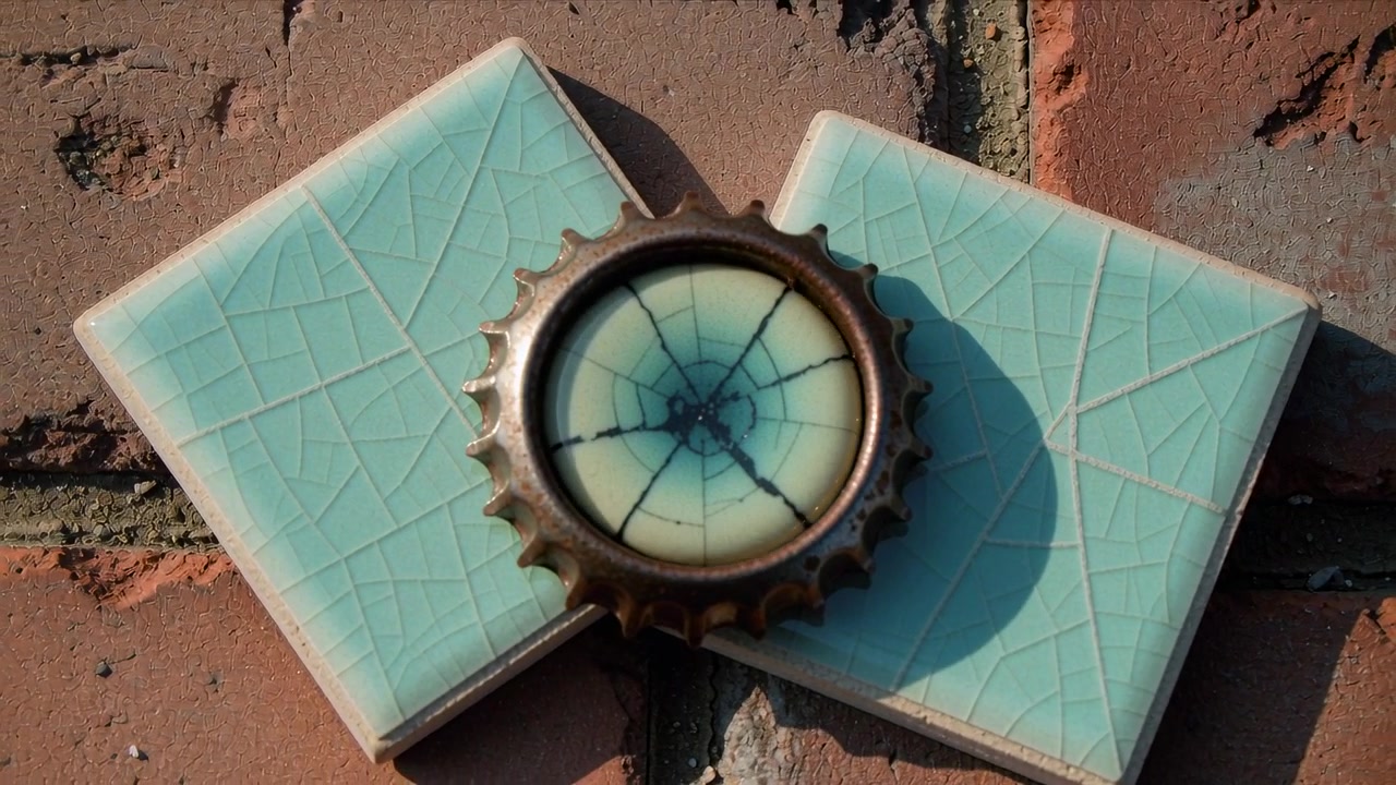Starting sequence, camera moving closer showing bronze cap on pale aqua tiles, emphasizing cracks