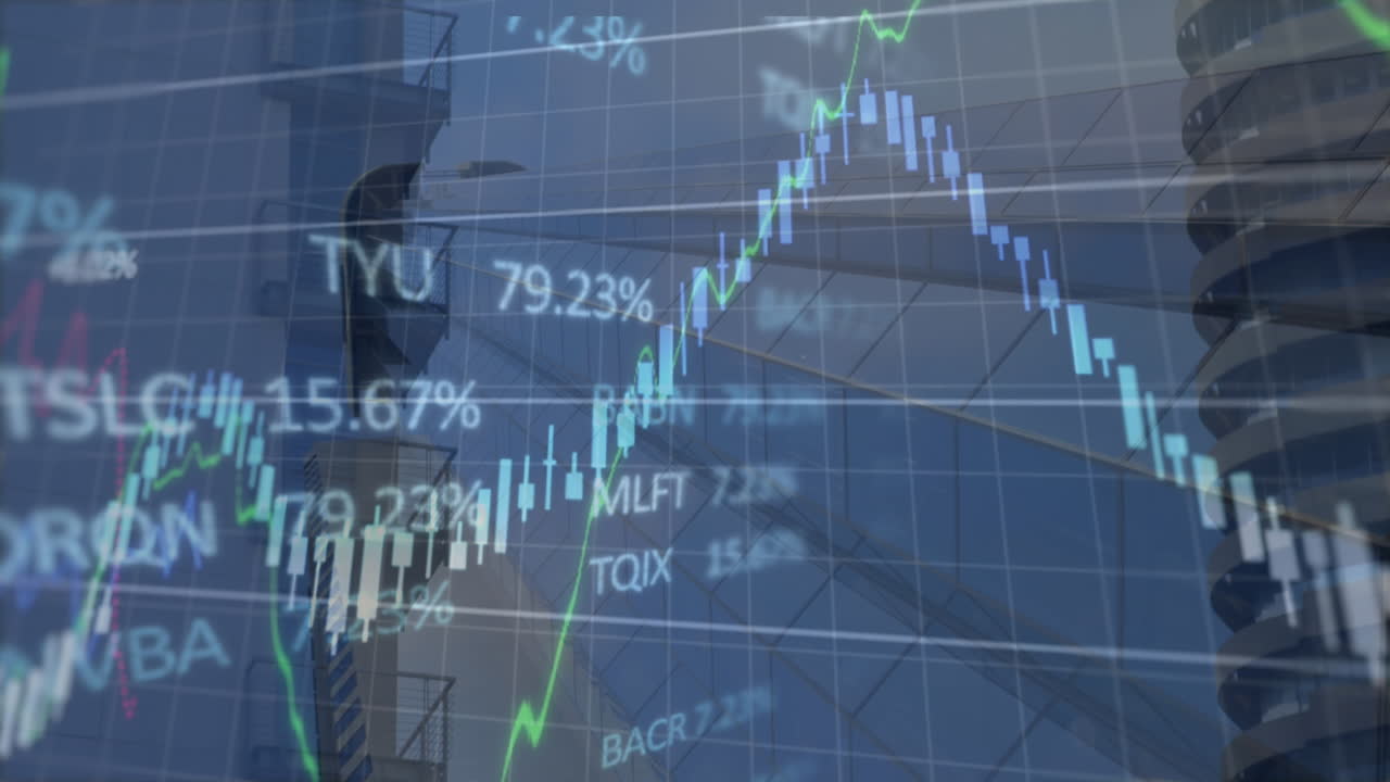 Animasjon av finansielle data og grafer over bybildet