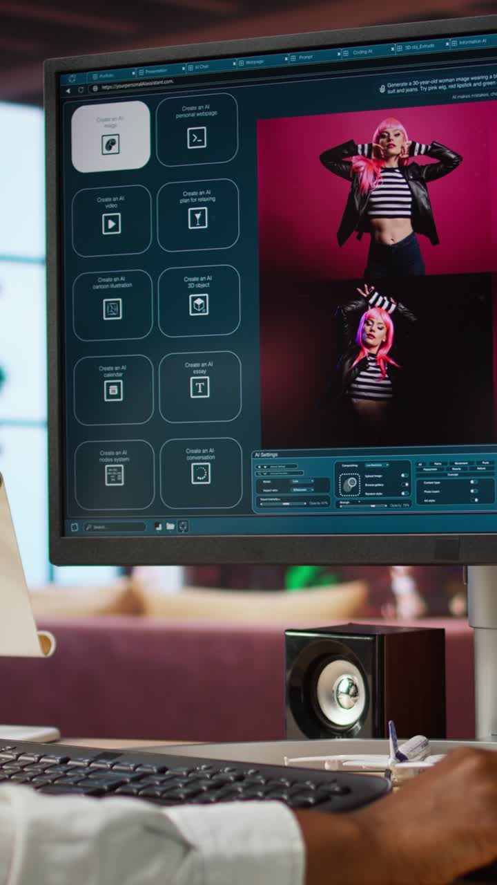 Vertical video Woman in home office using AI software turning text prompt into photos