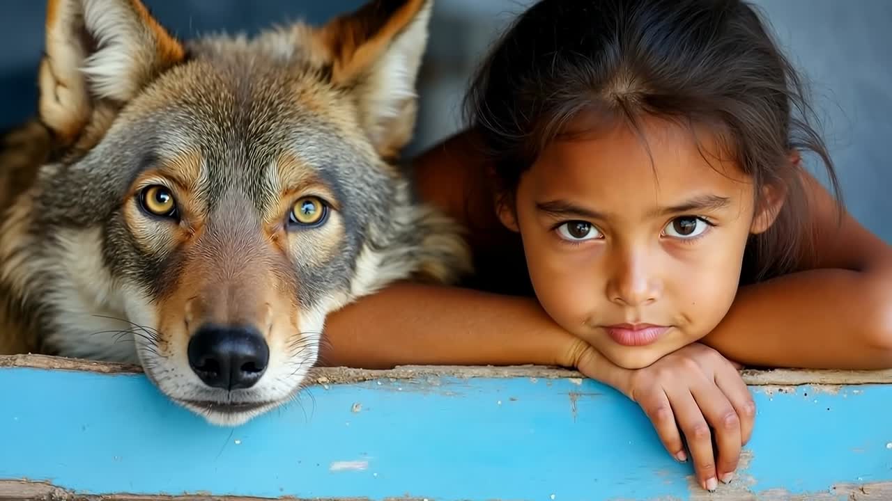 una niña y un lobo mirando a la cámara