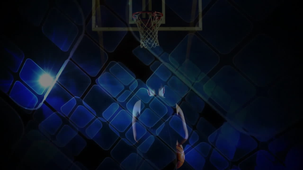 Basketball player shooting hoop over abstract blue geometric pattern animation
