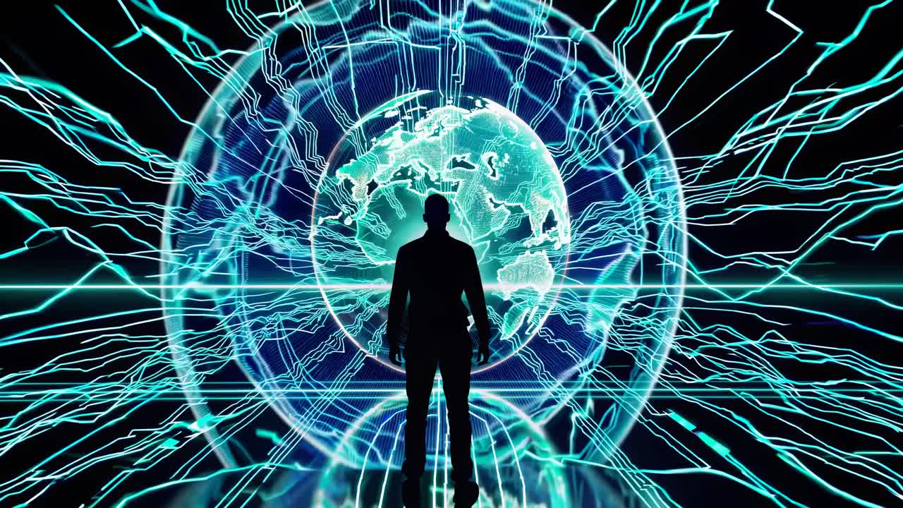 Silhouette of a person facing a digital globe with neon lines, captured from a low angle