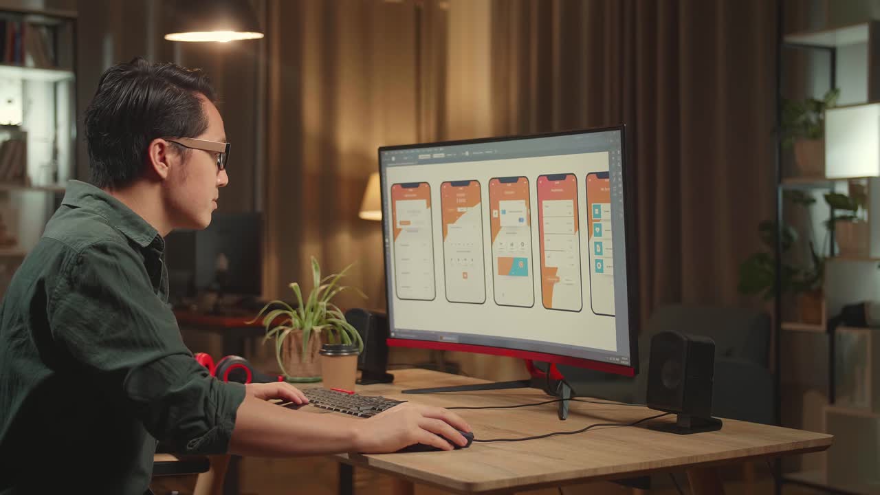 Asian Male Mobile Application Developer Works With Graphics On His Personal Computer. He Turns And Warmly Smiles Into The Camera