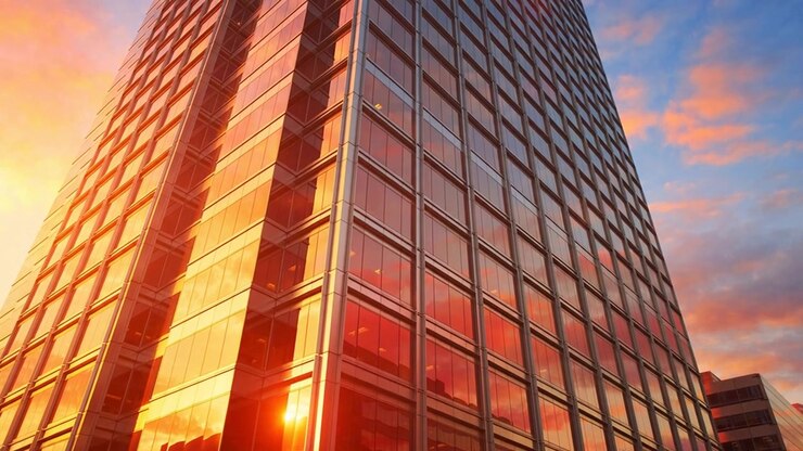 Moderno rascacielos de cristal reflejando el cielo al atardecer