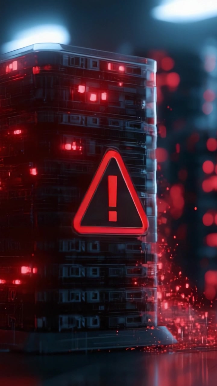 Warning Indicator on Digital Storage Device Surrounded by Red Signals, Highlighting Potential Malfunctions or Security Issues in a High-Tech Environment