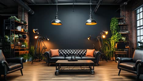 chic industrial living room with leather furniture and greenery accents